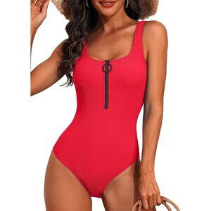 Women Red Zipper Ribbed One Piece Swimsuit High Cut Square Neck Bathing